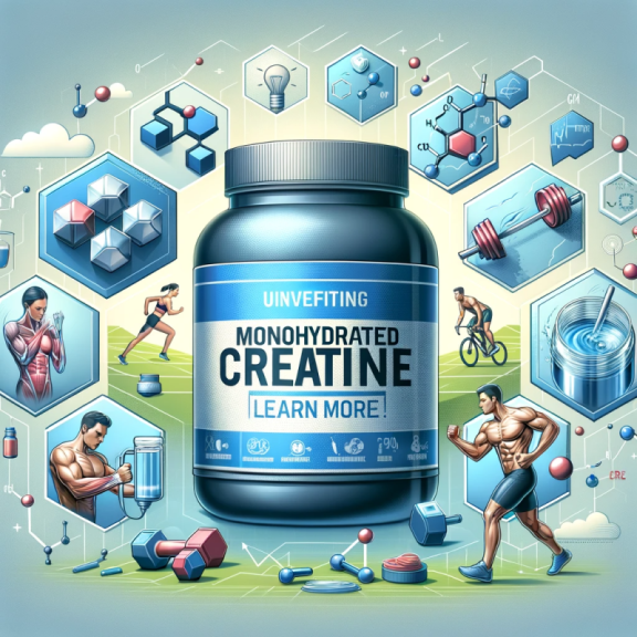 An informative illustration about the benefits of monohydrated creatine, suitable for an article titled 'Unveiling the Benefits of Monohydrated Creati