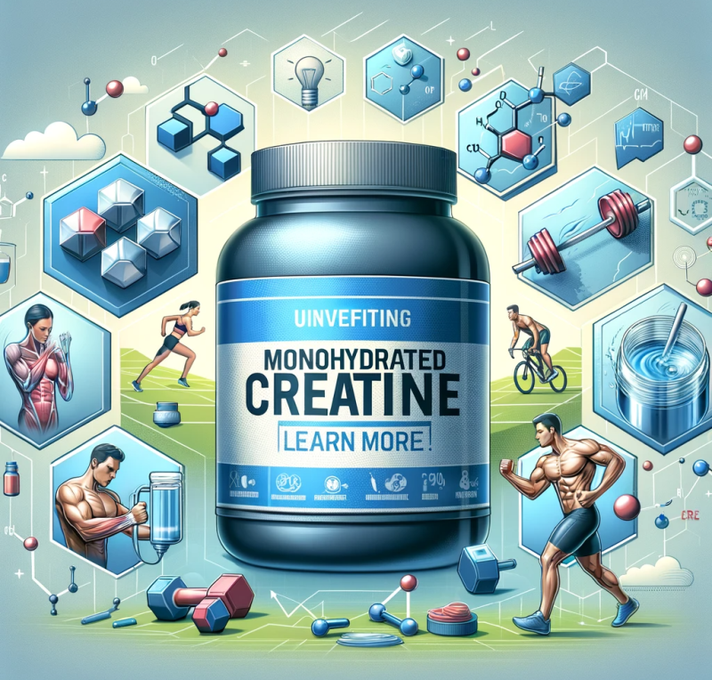 An informative illustration about the benefits of monohydrated creatine, suitable for an article titled 'Unveiling the Benefits of Monohydrated Creati